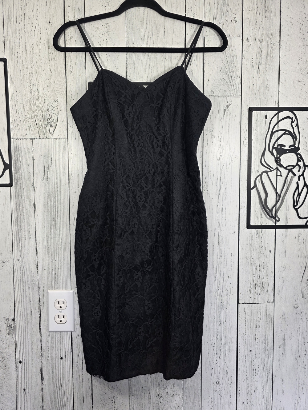 Vintage Black Lace Bodycon Midi Dress Boned Bust Spaghetti Strap Size 5/6